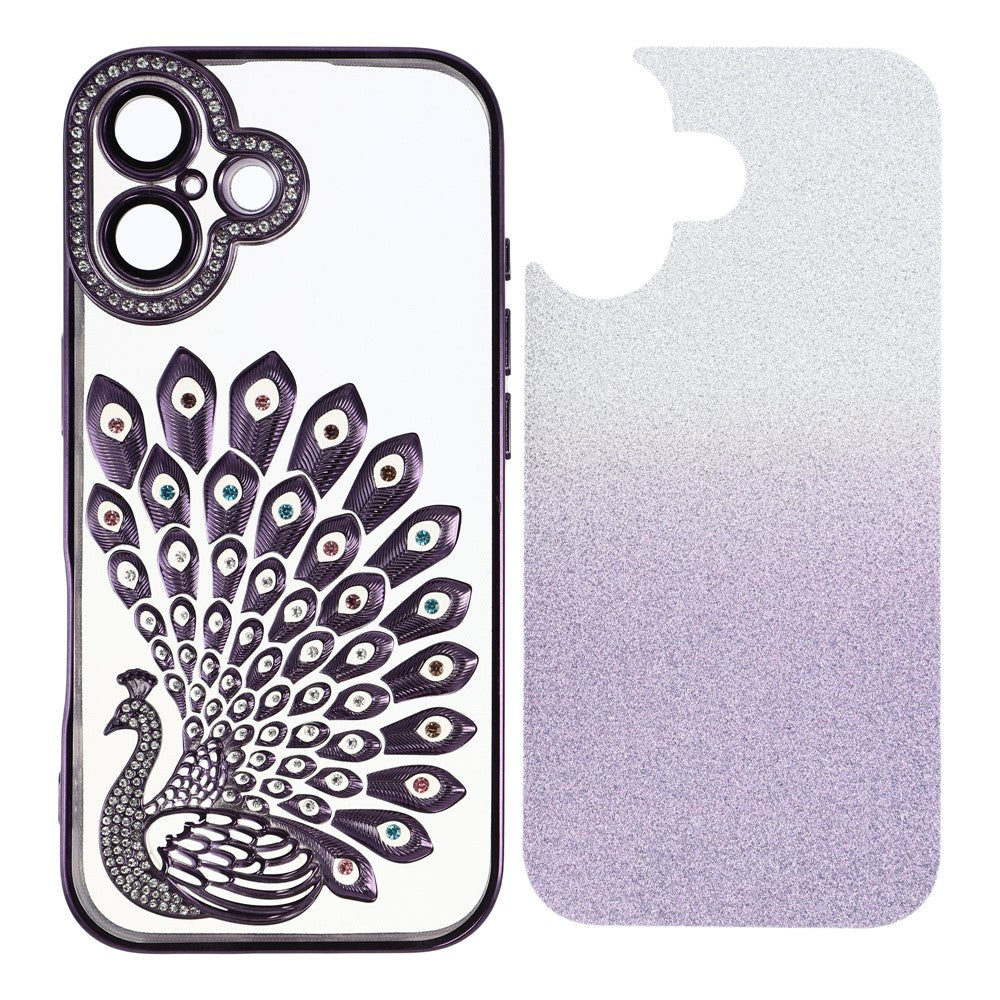 For iPhone 16 Plus Case 3D Peacock Electroplating Rhinestone TPU Phone Cover with Glitter Card