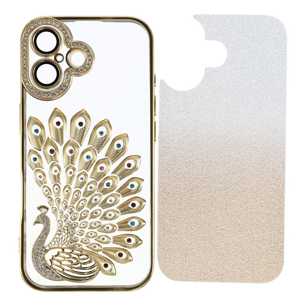For iPhone 16 Plus Case 3D Peacock Electroplating Rhinestone TPU Phone Cover with Glitter Card