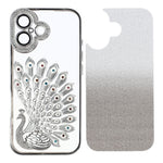 For iPhone 16 Plus Case 3D Peacock Electroplating Rhinestone TPU Phone Cover with Glitter Card
