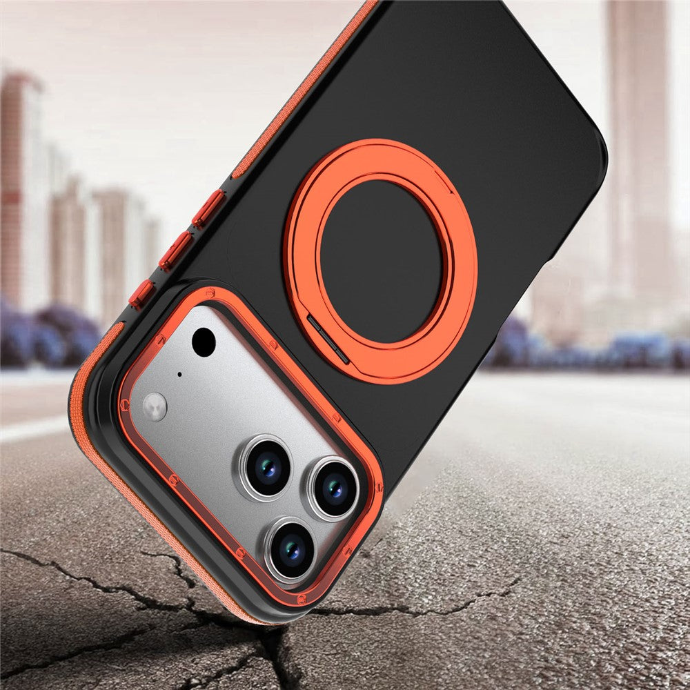 For iPhone 18 Pro / 17 Pro Magnetic Case Double Color Rotating Ring Kickstand PC + TPU Phone Cover
