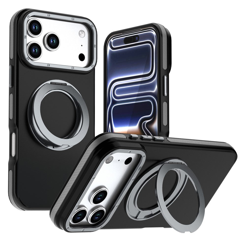 For iPhone 18 Pro / 17 Pro Magnetic Case Double Color Rotating Ring Kickstand PC + TPU Phone Cover