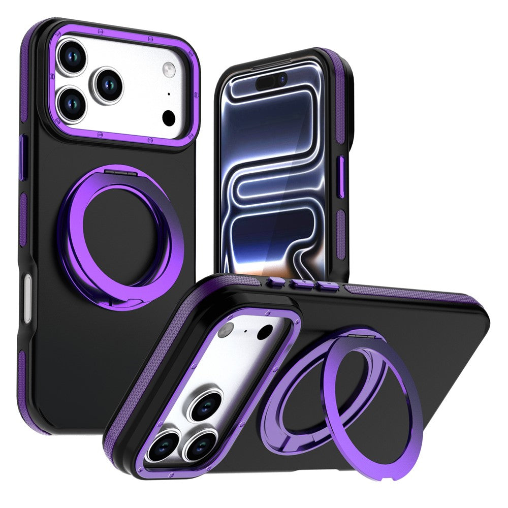 For iPhone 18 Pro / 17 Pro Magnetic Case Double Color Rotating Ring Kickstand PC + TPU Phone Cover