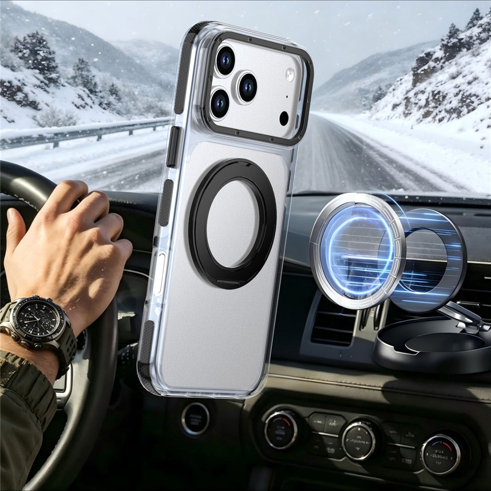For iPhone 18 Pro Max / 17 Pro Max Magnetic Case Rotating Ring Kickstand Dual Color Acrylic + TPU Clear Phone Cover