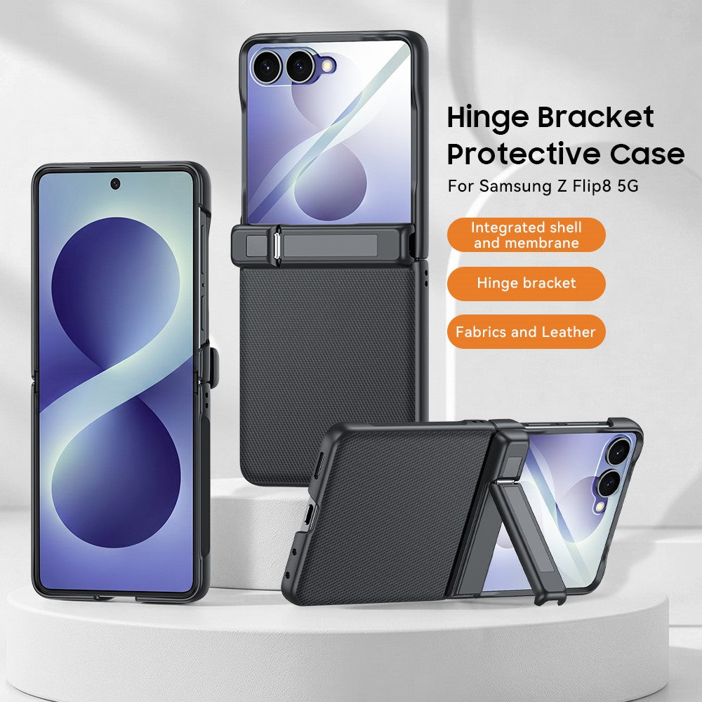 Til Samsung Galaxy Z Flip8 5G Cover med hængsel, støttefod, læder, pc-telefoncover med HD Klar Skærmbeskytter