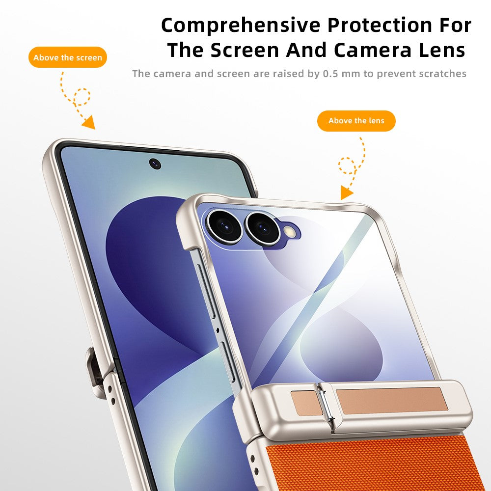 Til Samsung Galaxy Z Flip8 5G Cover med hængsel, støttefod, læder, pc-telefoncover med HD Klar Skærmbeskytter