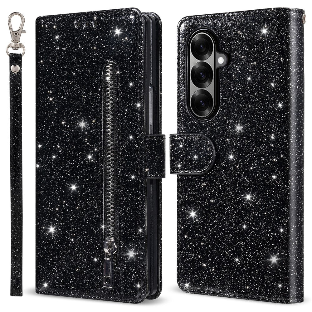 For Samsung Galaxy Z Fold8 Ultra PU + PC Stand Case Glitter Phone Leather Cover Zipper Pocket with Strap