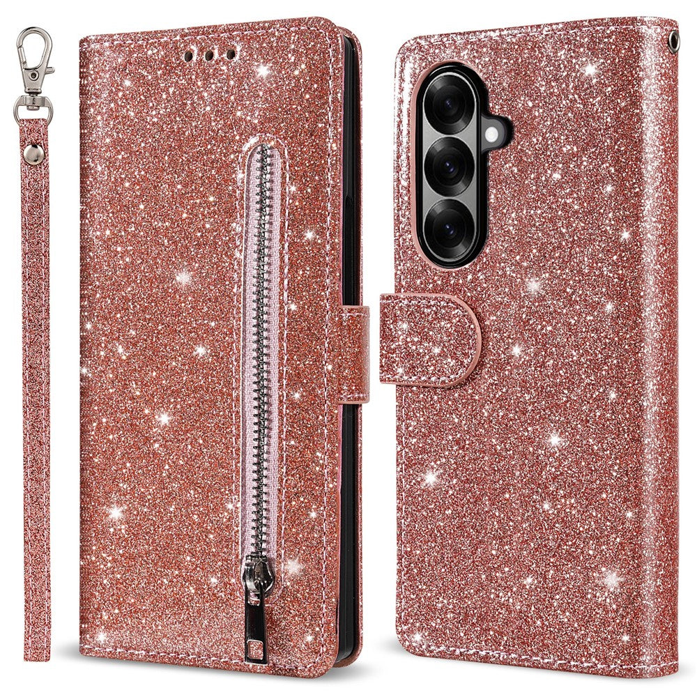 For Samsung Galaxy Z Fold8 Ultra PU + PC Stand Case Glitter Phone Leather Cover Zipper Pocket with Strap