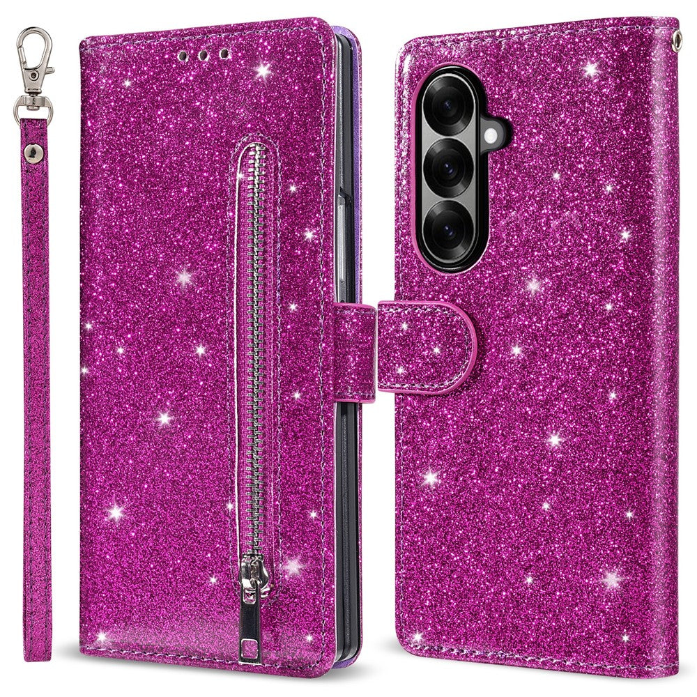 For Samsung Galaxy Z Fold8 Ultra PU + PC Stand Case Glitter Phone Leather Cover Zipper Pocket with Strap