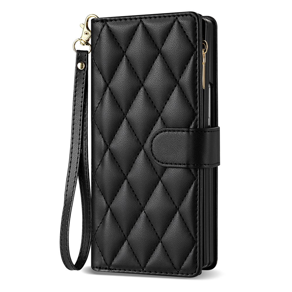 Til Samsung Galaxy Z Fold8 Ultra Etui Rhombus Syet Læderpung Telefoncover med Lang/Kort Rem