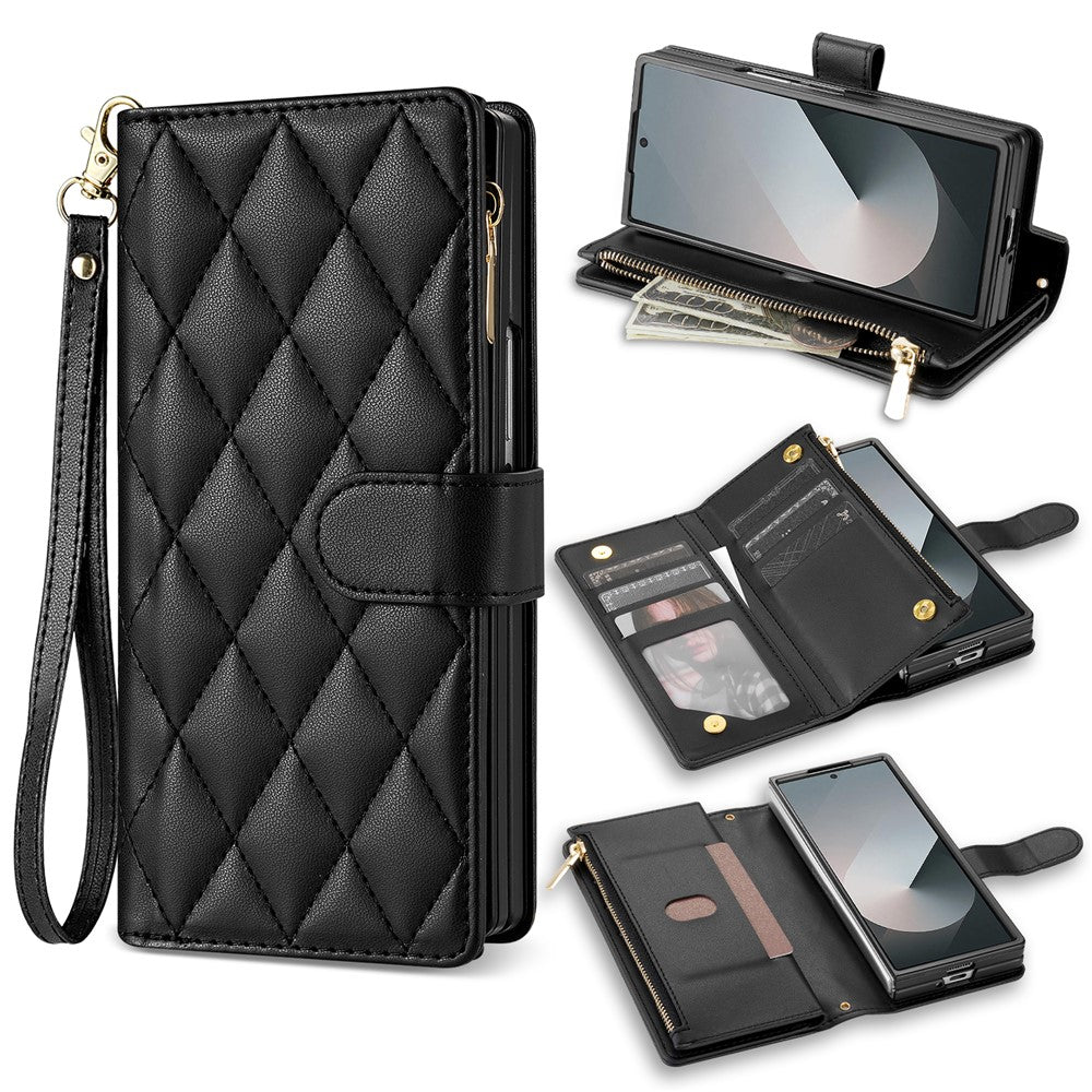 Til Samsung Galaxy Z Fold8 Ultra Etui Rhombus Syet Læderpung Telefoncover med Lang/Kort Rem