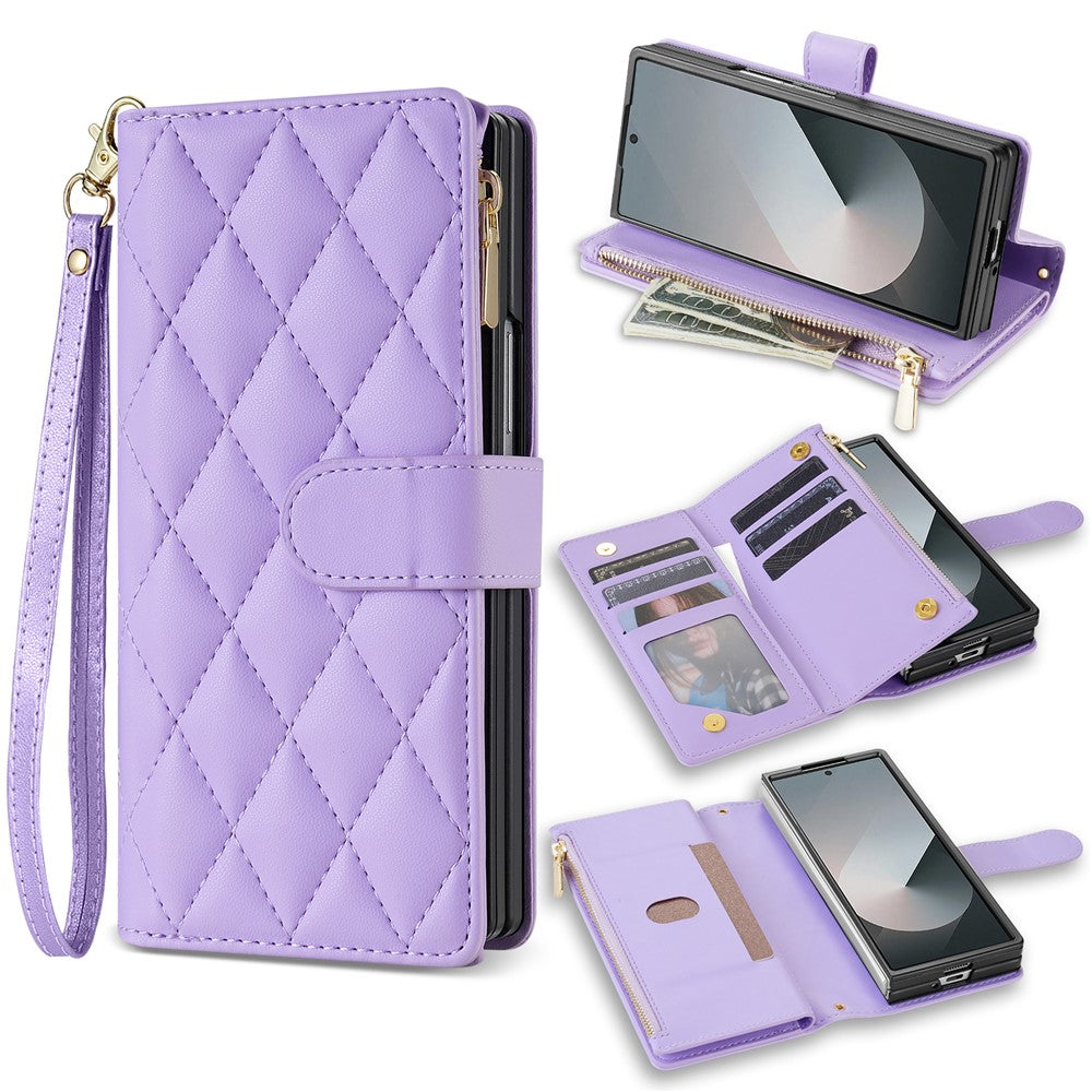 Til Samsung Galaxy Z Fold8 Ultra Etui Rhombus Syet Læderpung Telefoncover med Lang/Kort Rem