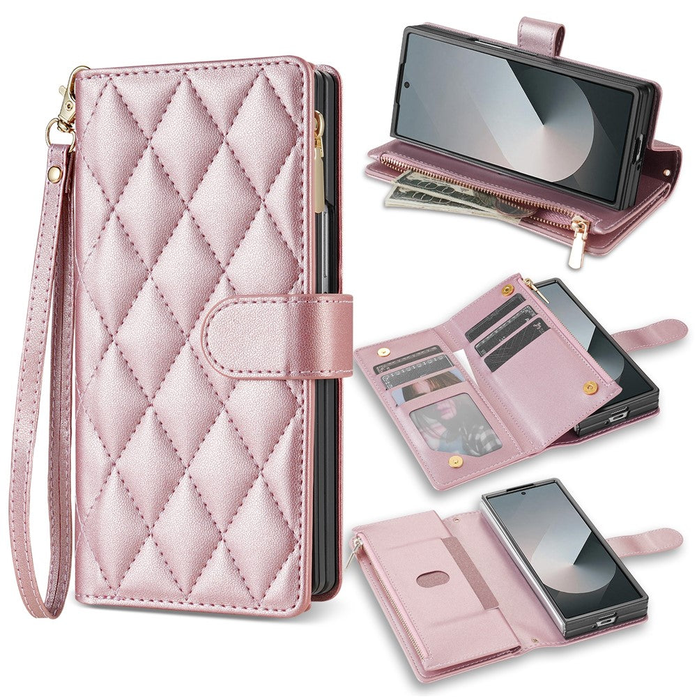 Til Samsung Galaxy Z Fold8 Ultra Etui Rhombus Syet Læderpung Telefoncover med Lang/Kort Rem