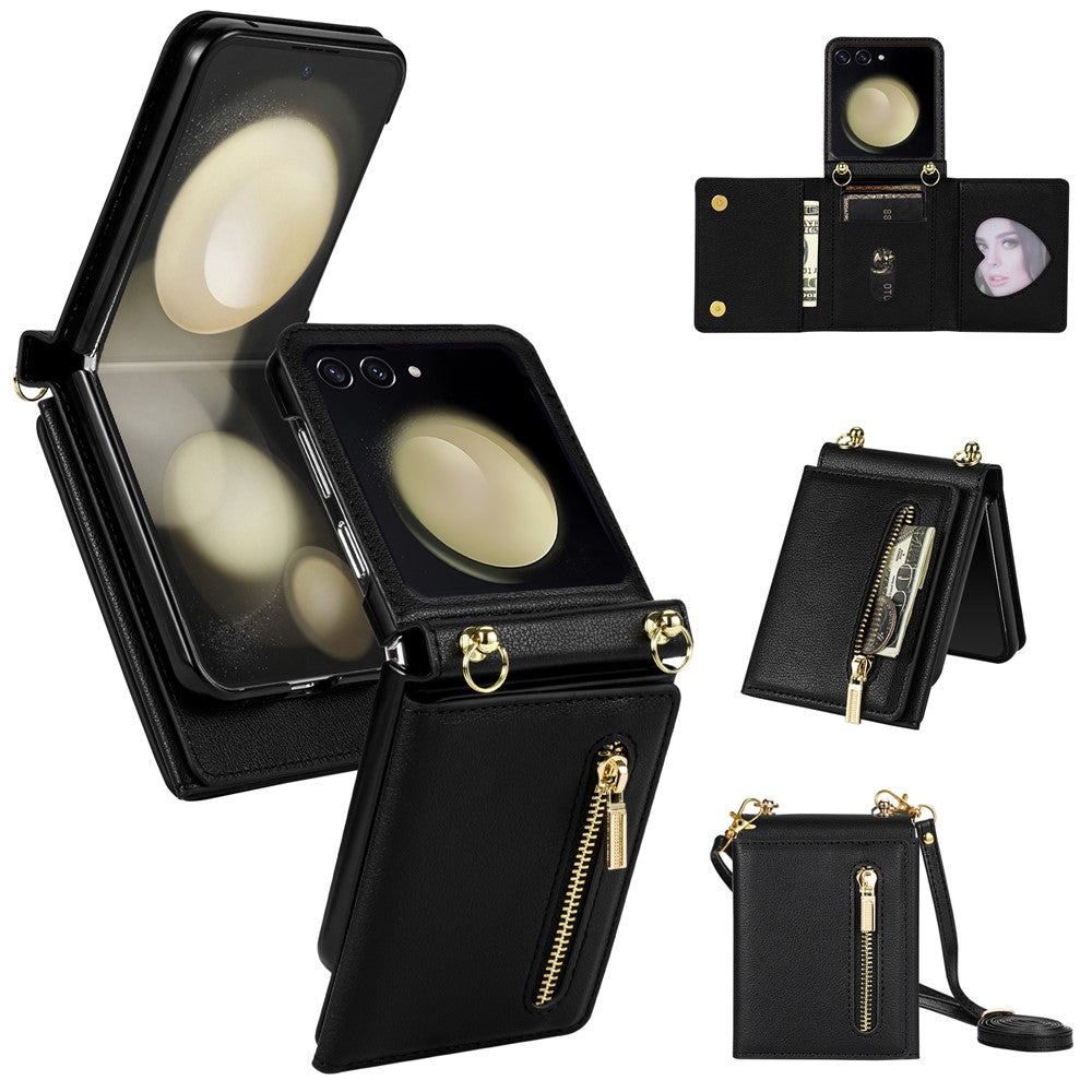 For Samsung Galaxy Z Flip8 Case Zipper Wallet PU + TPU + PC Phone Cover with Shoulder Strap