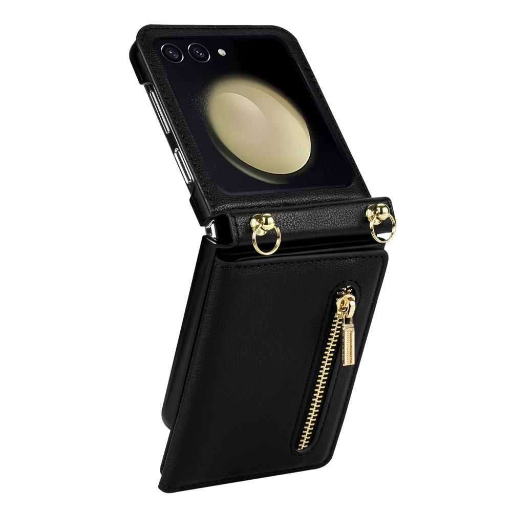 For Samsung Galaxy Z Flip8 Case Zipper Wallet PU + TPU + PC Phone Cover with Shoulder Strap