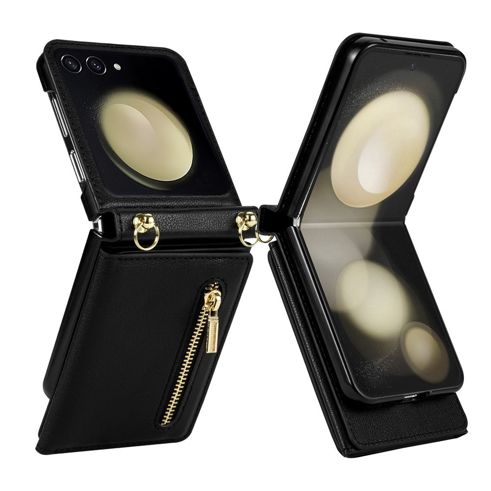 For Samsung Galaxy Z Flip8 Case Zipper Wallet PU + TPU + PC Phone Cover with Shoulder Strap