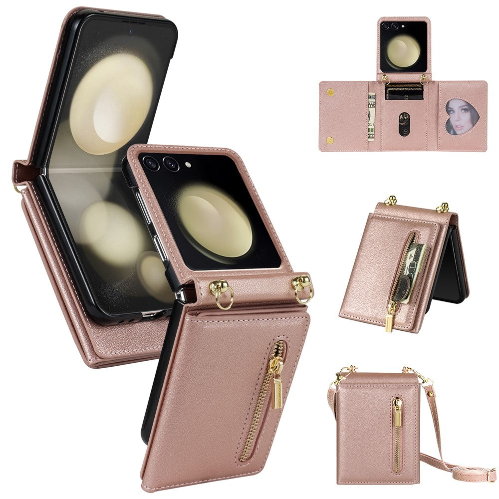 For Samsung Galaxy Z Flip8 Case Zipper Wallet PU + TPU + PC Phone Cover with Shoulder Strap