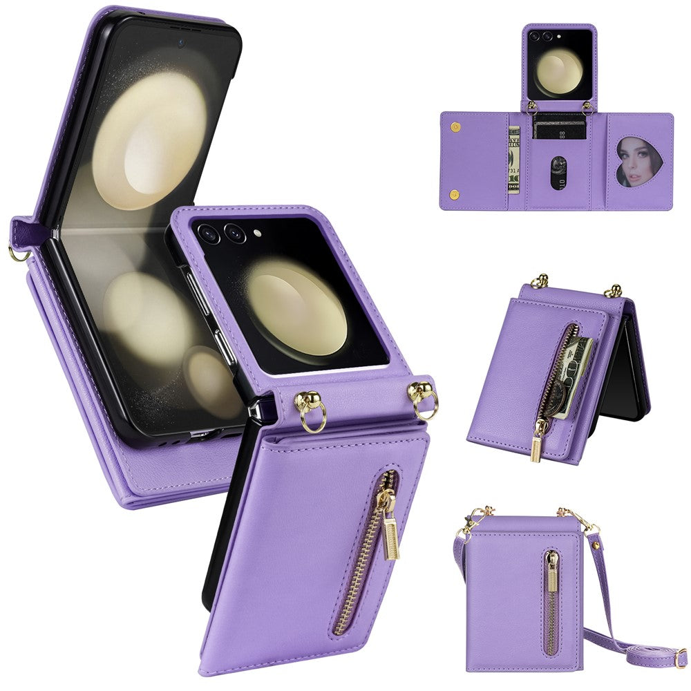 For Samsung Galaxy Z Flip8 Case Zipper Wallet PU + TPU + PC Phone Cover with Shoulder Strap