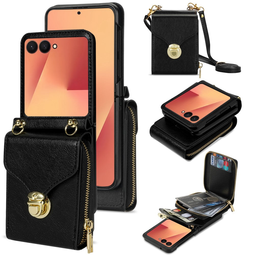 For Samsung Galaxy Z Flip8 Case Zipper Wallet PU Leather TPU PC Phone Cover with Shoulder Strap