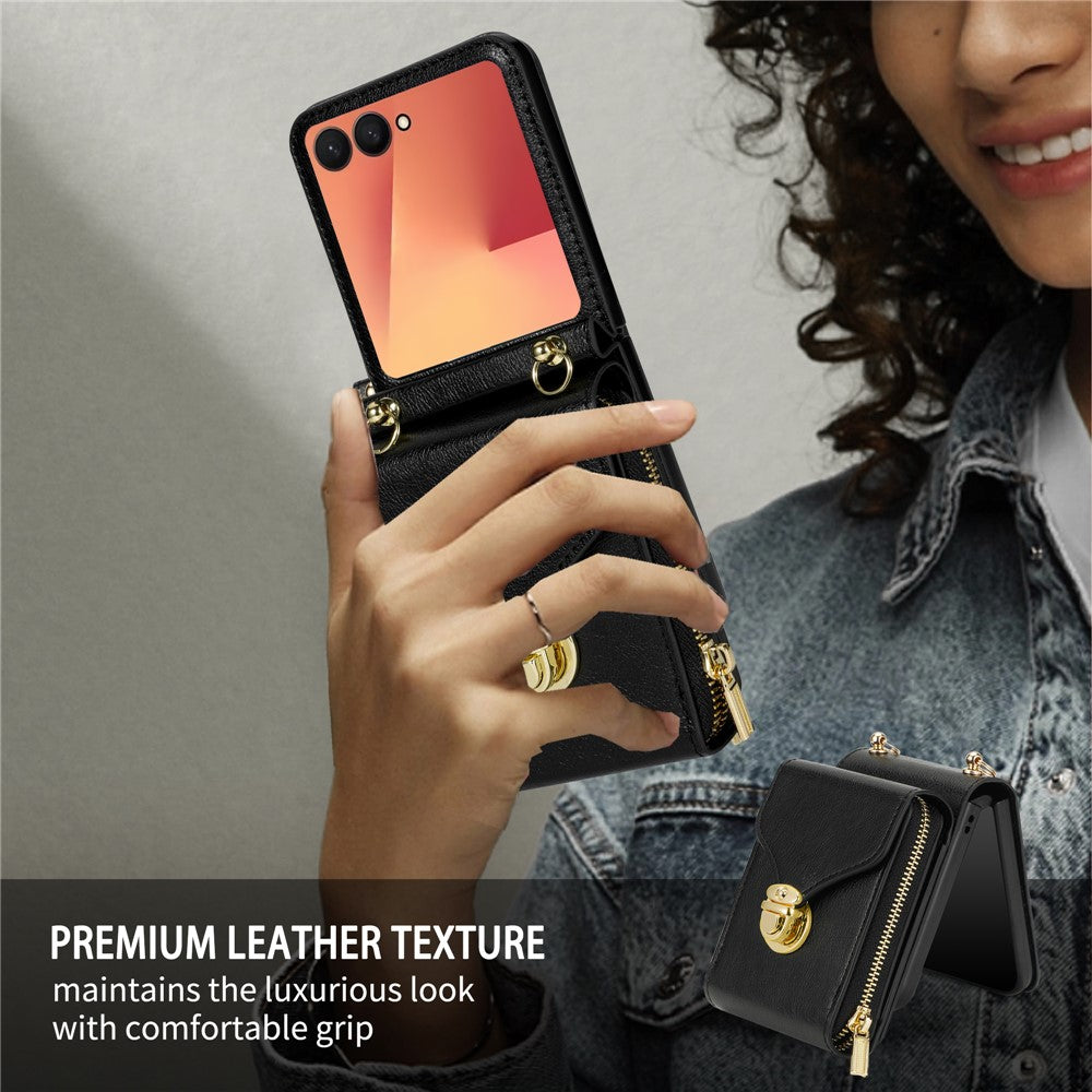 For Samsung Galaxy Z Flip8 Case Zipper Wallet PU Leather TPU PC Phone Cover with Shoulder Strap