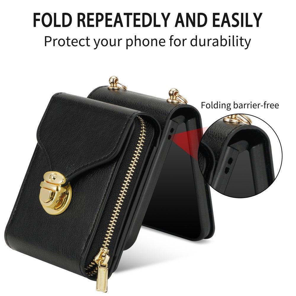 For Samsung Galaxy Z Flip8 Case Zipper Wallet PU Leather TPU PC Phone Cover with Shoulder Strap