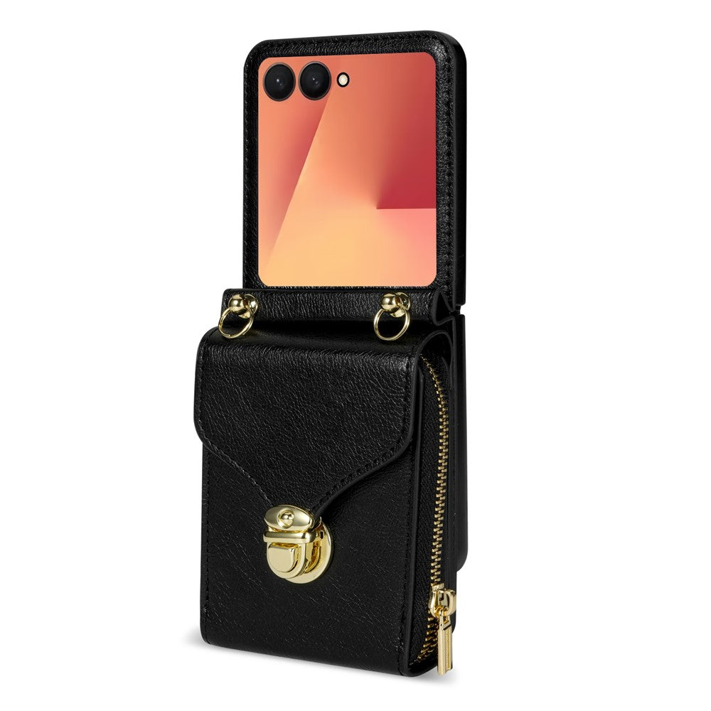 For Samsung Galaxy Z Flip8 Case Zipper Wallet PU Leather TPU PC Phone Cover with Shoulder Strap