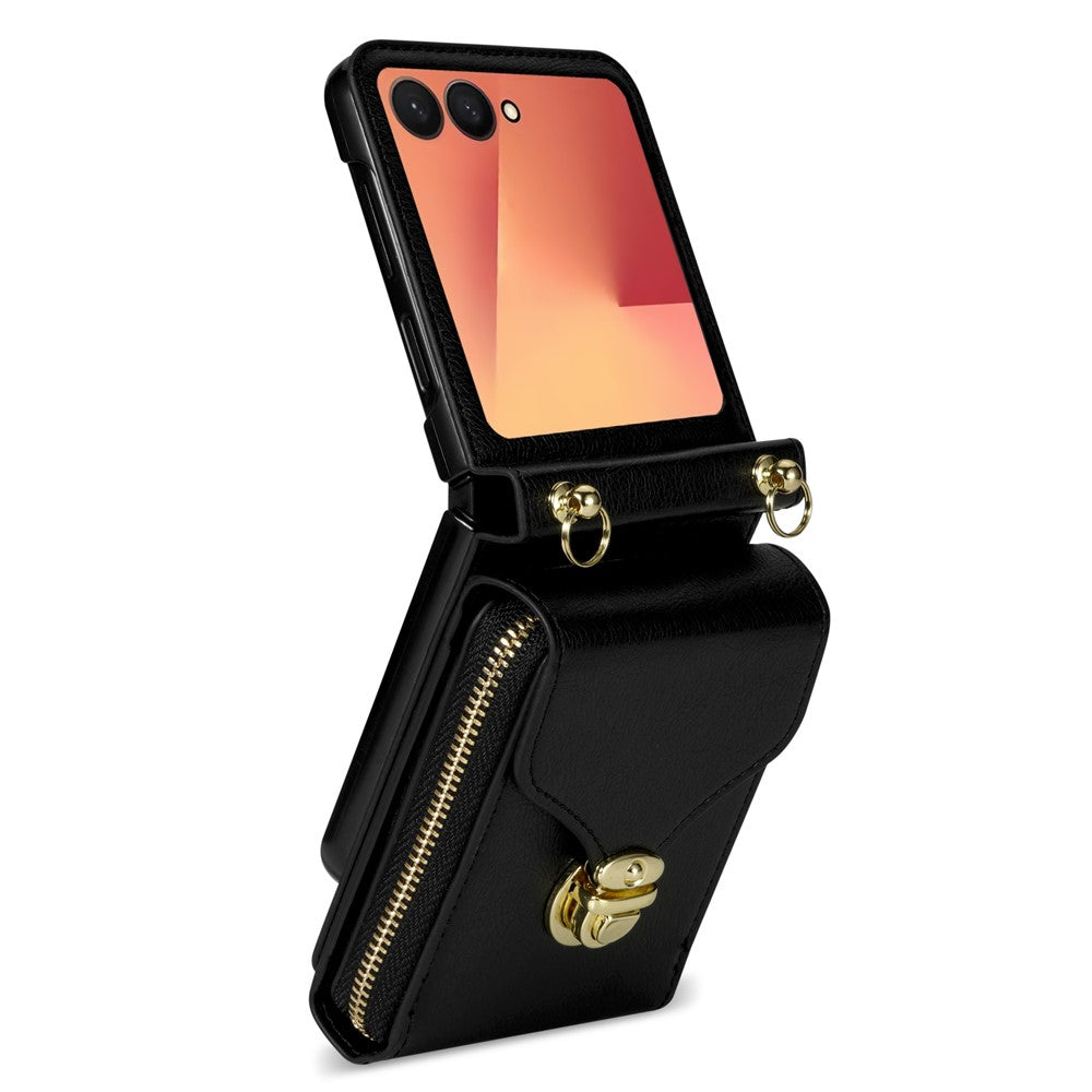 For Samsung Galaxy Z Flip8 Case Zipper Wallet PU Leather TPU PC Phone Cover with Shoulder Strap