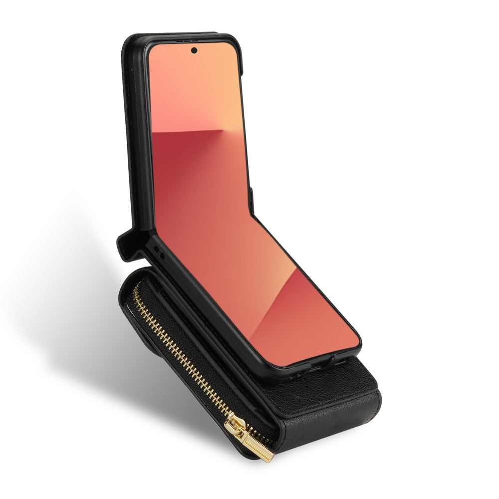 For Samsung Galaxy Z Flip8 Case Zipper Wallet PU Leather TPU PC Phone Cover with Shoulder Strap