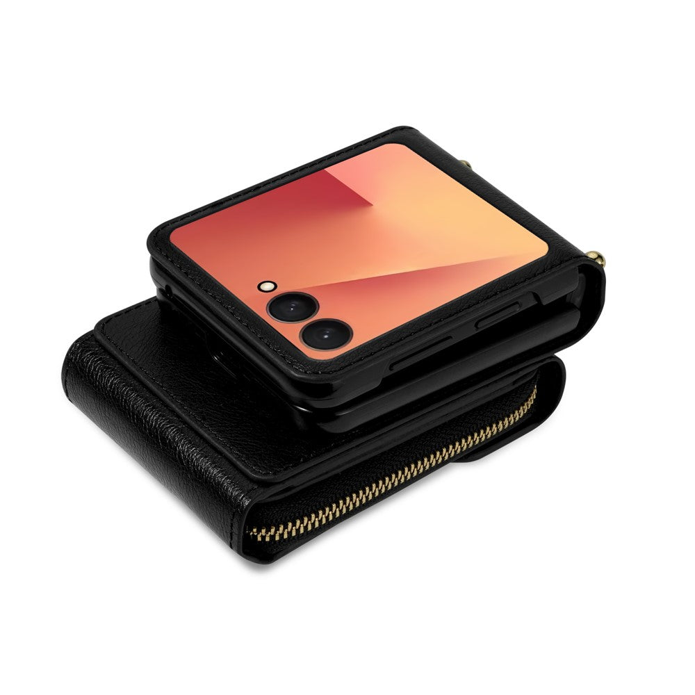 For Samsung Galaxy Z Flip8 Case Zipper Wallet PU Leather TPU PC Phone Cover with Shoulder Strap