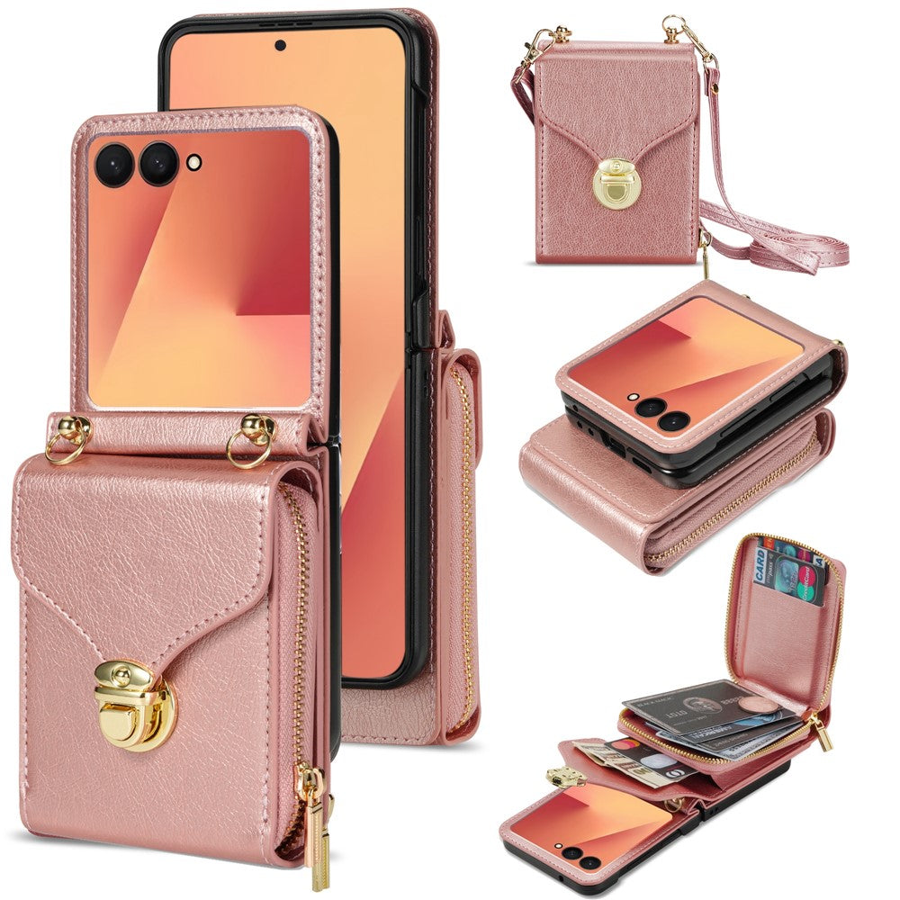 For Samsung Galaxy Z Flip8 Case Zipper Wallet PU Leather TPU PC Phone Cover with Shoulder Strap