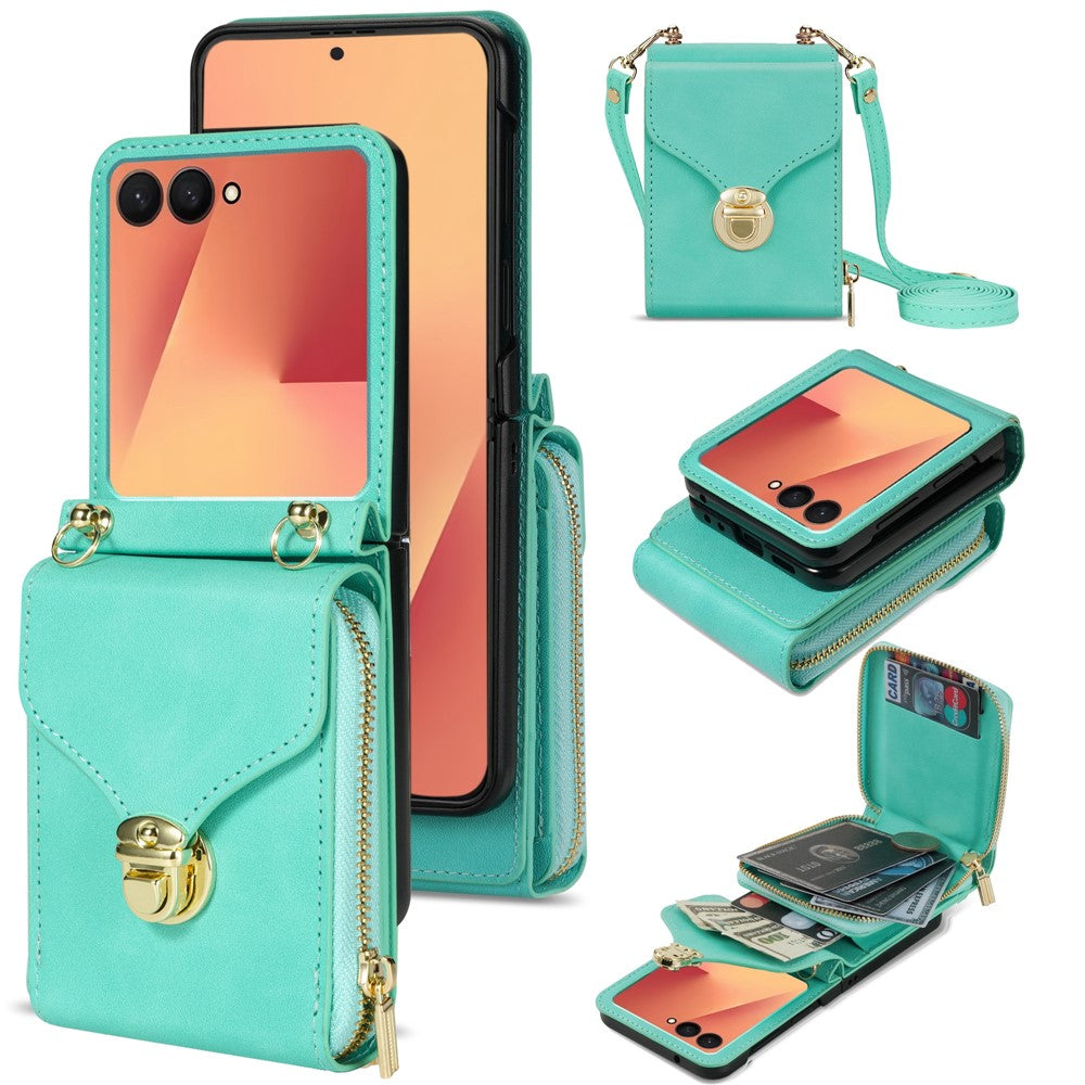 For Samsung Galaxy Z Flip8 Case Zipper Wallet PU Leather TPU PC Phone Cover with Shoulder Strap