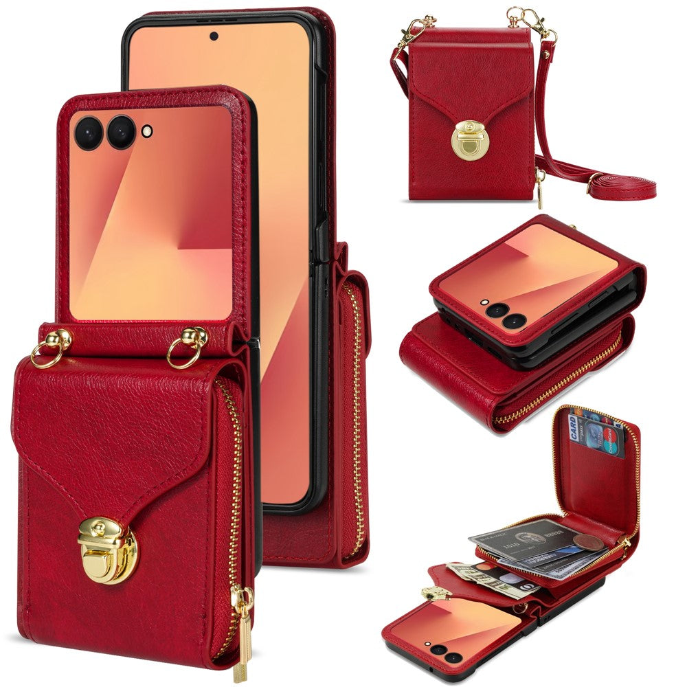 For Samsung Galaxy Z Flip8 Case Zipper Wallet PU Leather TPU PC Phone Cover with Shoulder Strap