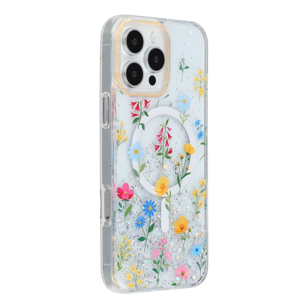 Til iPhone 16 Pro Max Magnetisk Cover Glitrende Epoxy PC + TPU Blomsteræstetik Telefoncover
