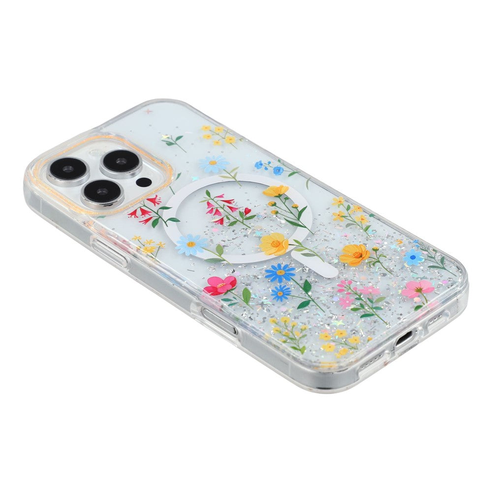 Til iPhone 16 Pro Max Magnetisk Cover Glitrende Epoxy PC + TPU Blomsteræstetik Telefoncover