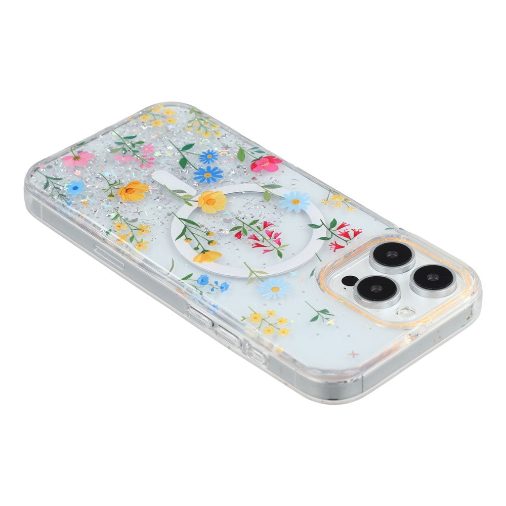 Til iPhone 16 Pro Max Magnetisk Cover Glitrende Epoxy PC + TPU Blomsteræstetik Telefoncover