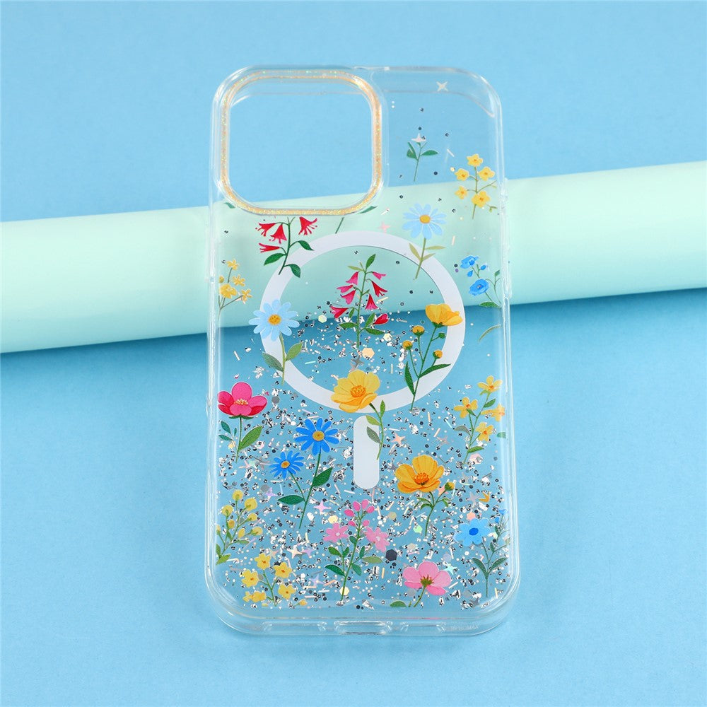 Til iPhone 16 Pro Max Magnetisk Cover Glitrende Epoxy PC + TPU Blomsteræstetik Telefoncover