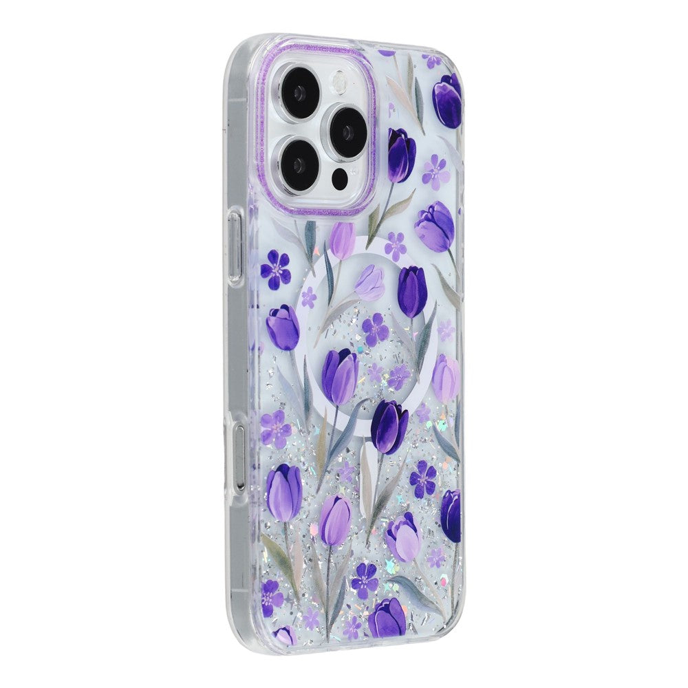 Til iPhone 16 Pro Max Magnetisk Cover Glitrende Epoxy PC + TPU Blomsteræstetik Telefoncover