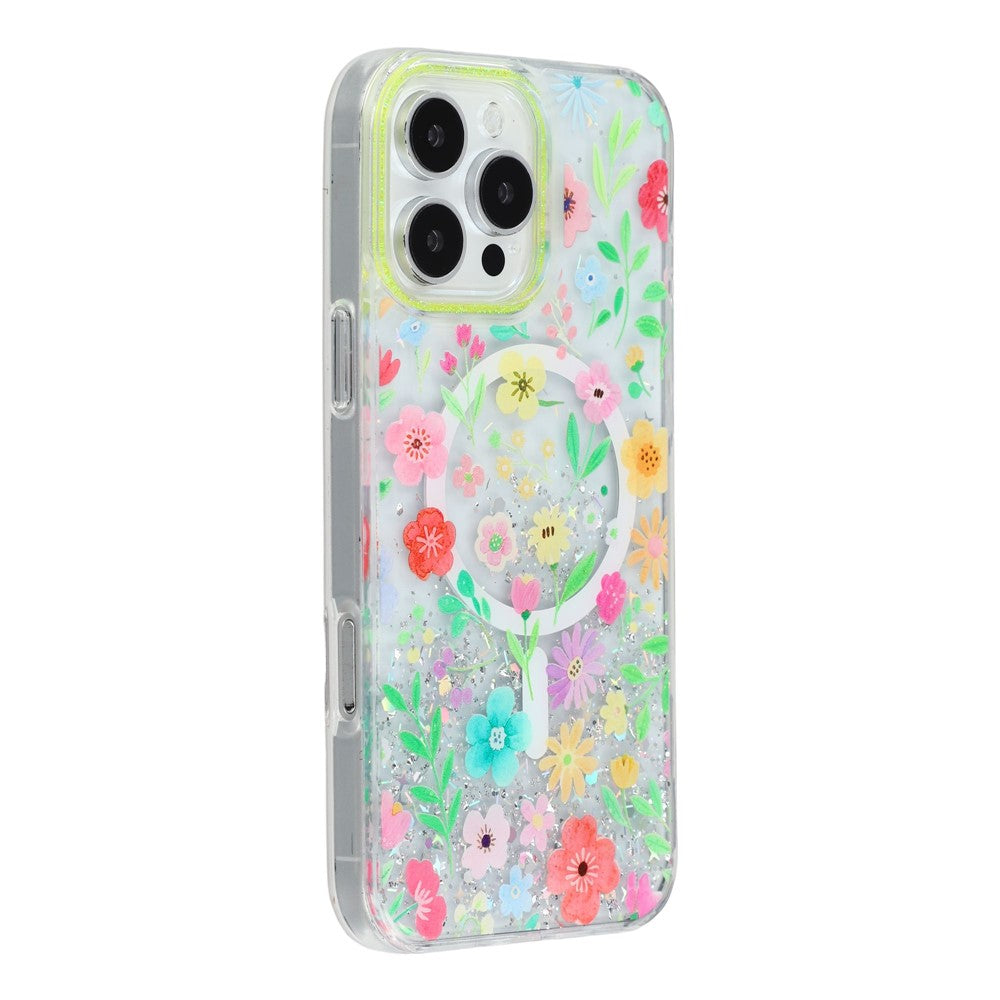 Til iPhone 16 Pro Max Magnetisk Cover Glitrende Epoxy PC + TPU Blomsteræstetik Telefoncover