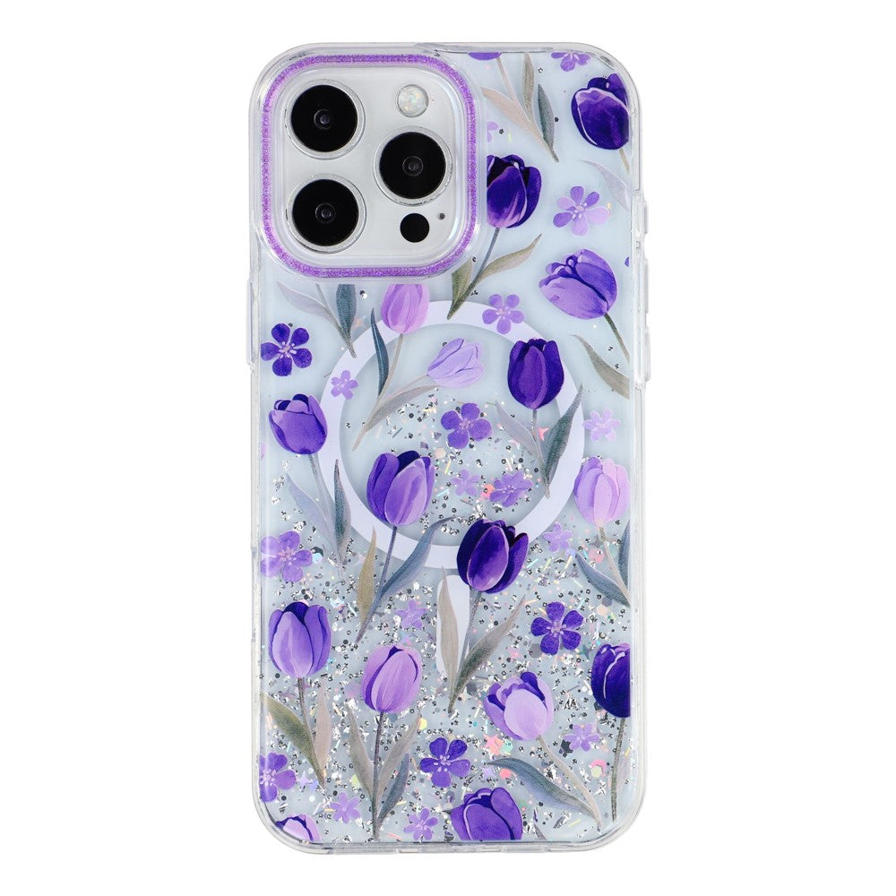 Til iPhone 15 Pro Max Magnetisk Cover Glitter Epoxy PC + TPU Blomstret Æstetisk Telefoncover