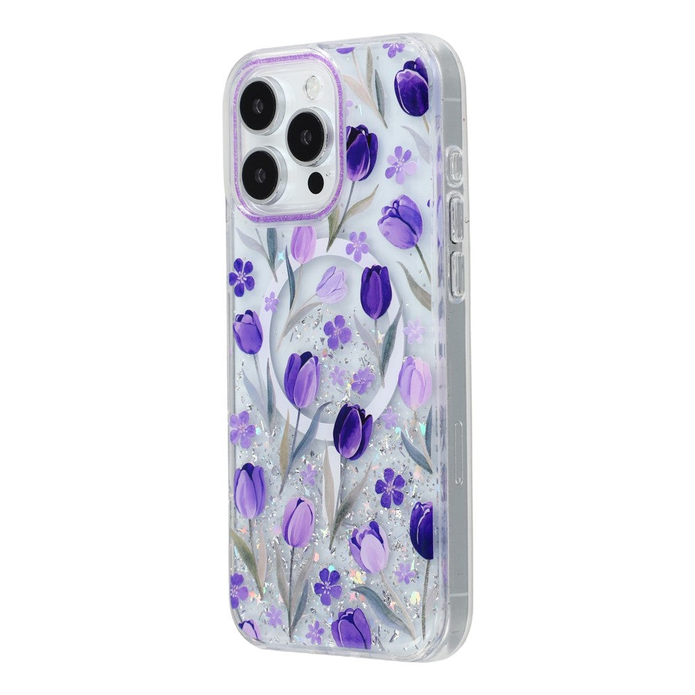 Til iPhone 15 Pro Max Magnetisk Cover Glitter Epoxy PC + TPU Blomstret Æstetisk Telefoncover