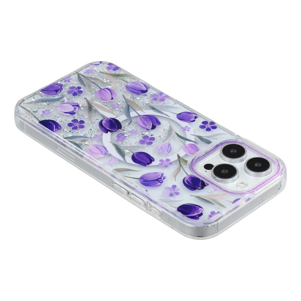 Til iPhone 15 Pro Max Magnetisk Cover Glitter Epoxy PC + TPU Blomstret Æstetisk Telefoncover