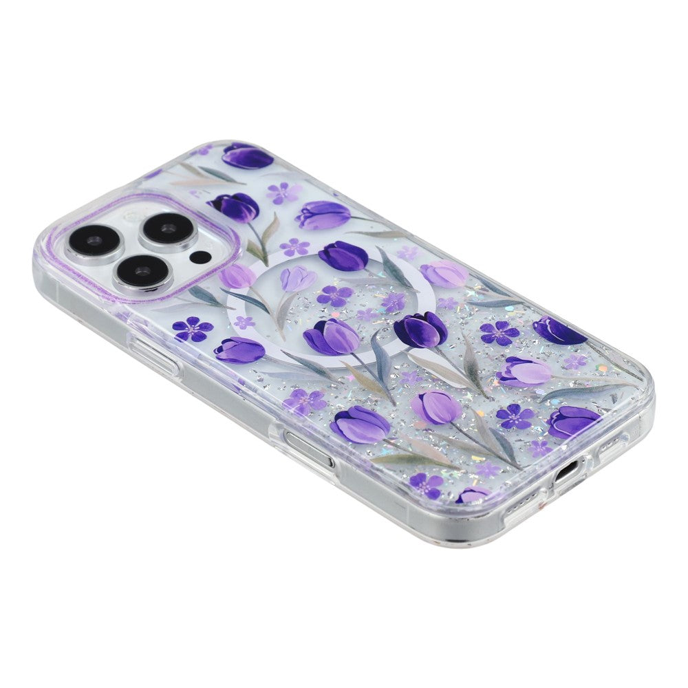 Til iPhone 15 Pro Max Magnetisk Cover Glitter Epoxy PC + TPU Blomstret Æstetisk Telefoncover