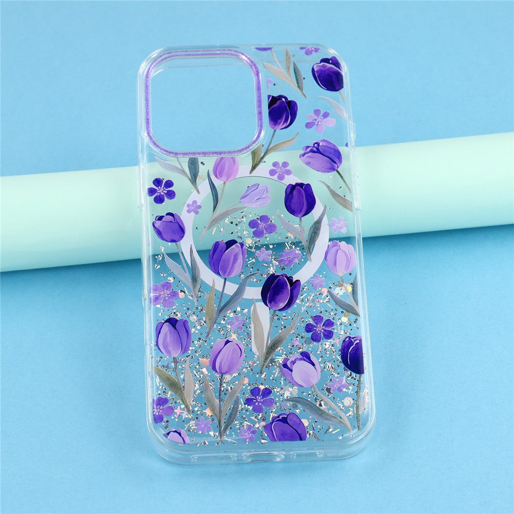 Til iPhone 15 Pro Max Magnetisk Cover Glitter Epoxy PC + TPU Blomstret Æstetisk Telefoncover