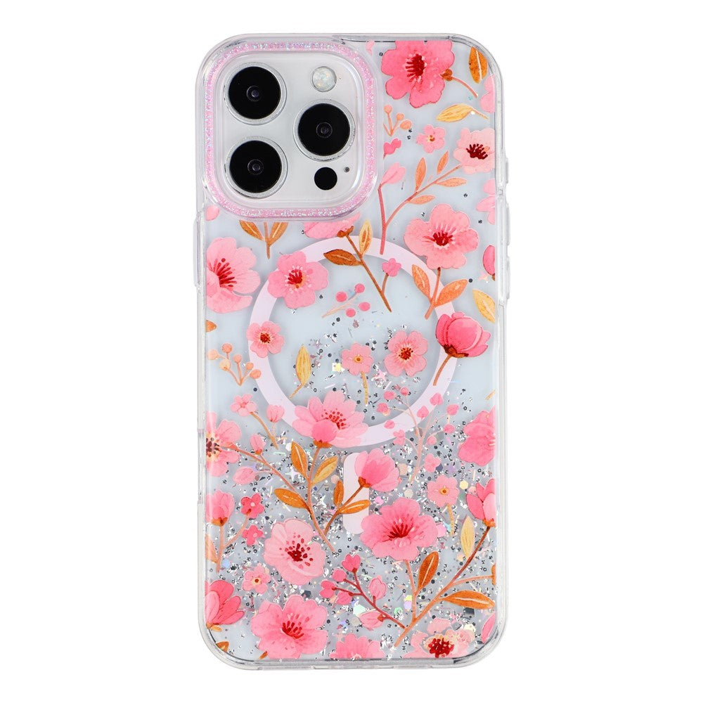 Til iPhone 15 Pro Max Magnetisk Cover Glitter Epoxy PC + TPU Blomstret Æstetisk Telefoncover