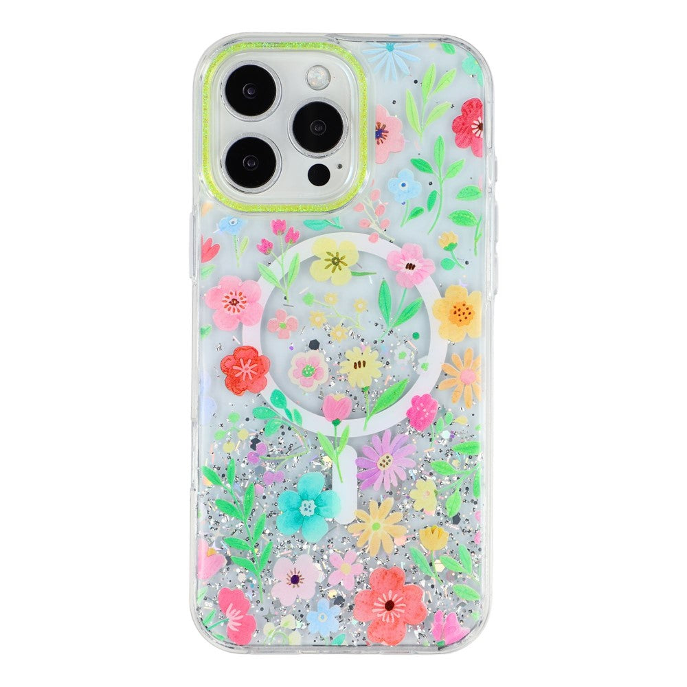 Til iPhone 15 Pro Max Magnetisk Cover Glitter Epoxy PC + TPU Blomstret Æstetisk Telefoncover