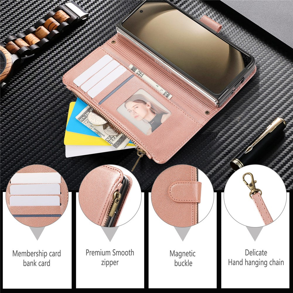 For Samsung Galaxy Z Fold8 Ultra Case Multi Card Slots Zipper Leather Phone Cover with Wrist Strap