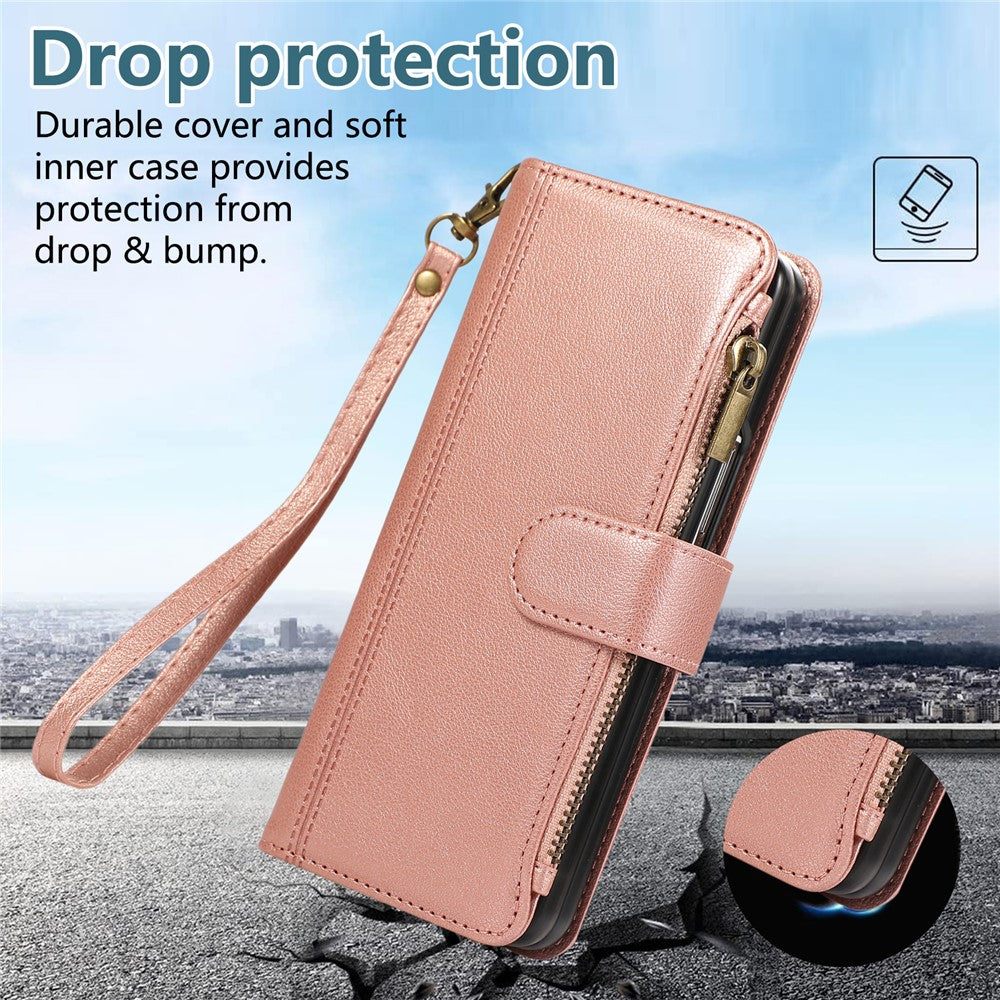 For Samsung Galaxy Z Fold8 Ultra Case Multi Card Slots Zipper Leather Phone Cover with Wrist Strap