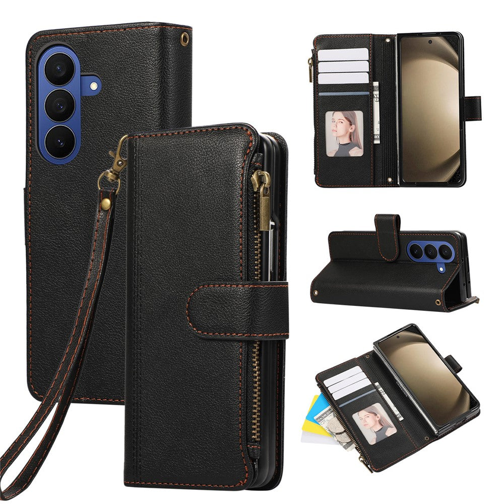 For Samsung Galaxy Z Fold8 Ultra Case Multi Card Slots Zipper Leather Phone Cover with Wrist Strap
