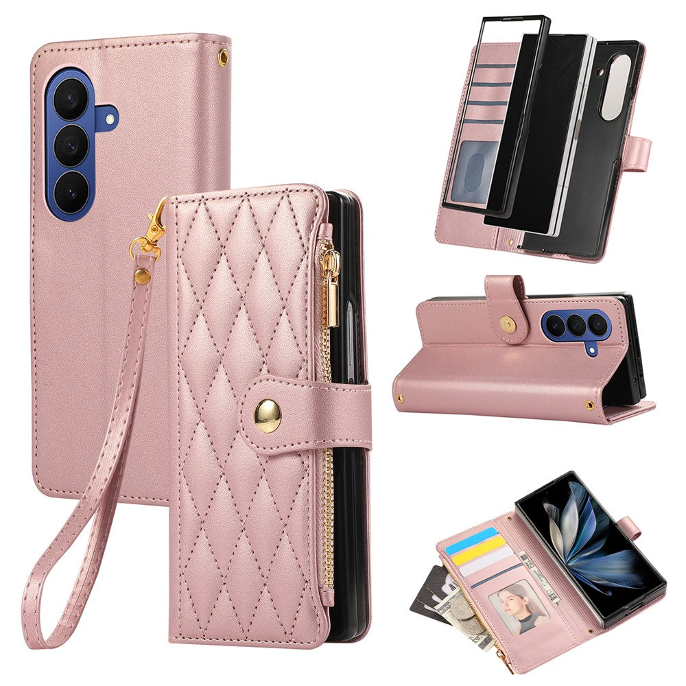 Til Samsung Galaxy Z Fold8 Ultra Cover Multi Kortpladser Lynlås Rombus Læder Telefoncover med Håndrem