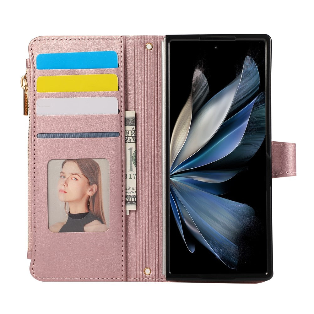 Til Samsung Galaxy Z Fold8 Ultra Cover Multi Kortpladser Lynlås Rombus Læder Telefoncover med Håndrem