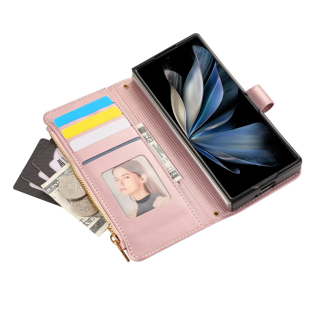 Til Samsung Galaxy Z Fold8 Ultra Cover Multi Kortpladser Lynlås Rombus Læder Telefoncover med Håndrem
